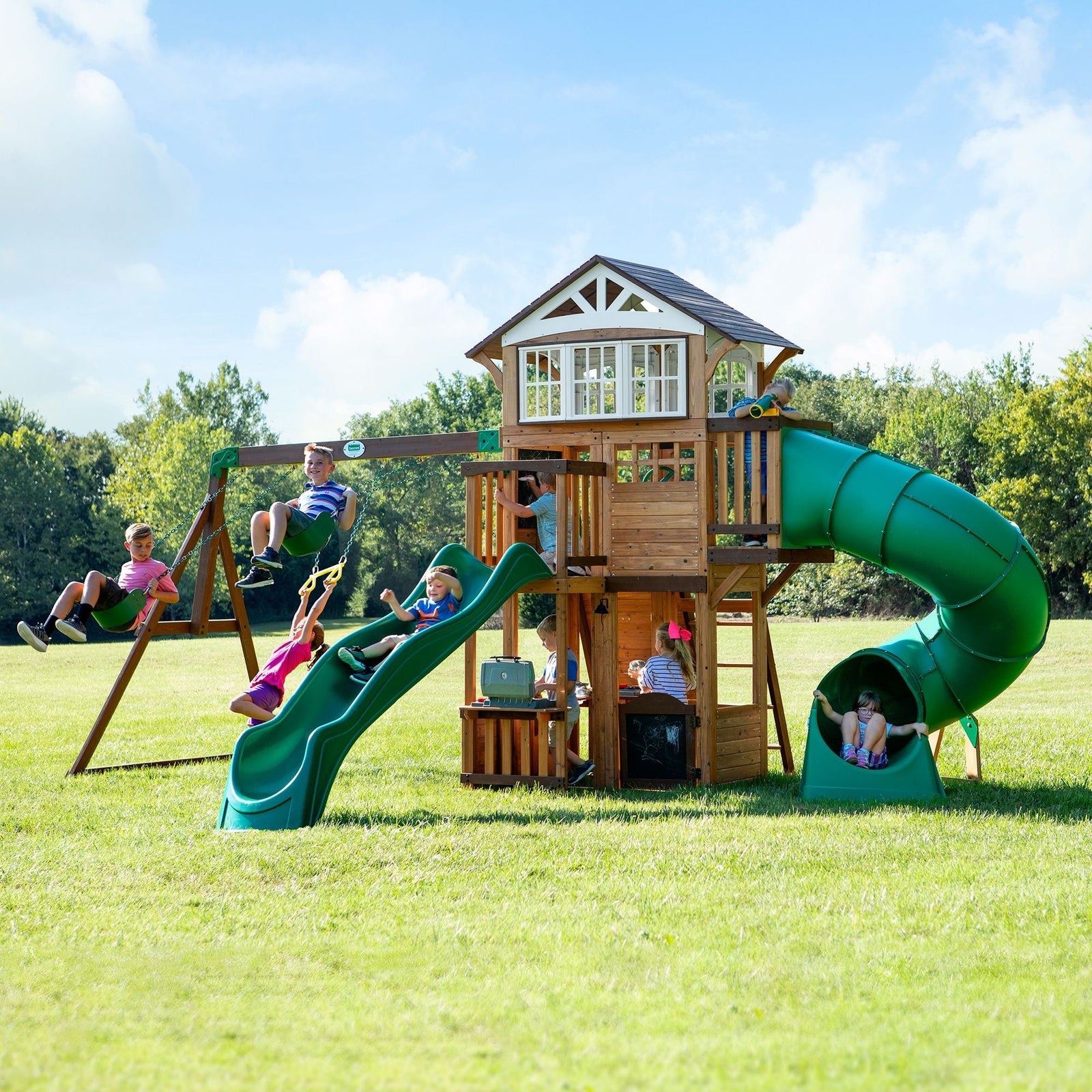 Discovery Kids' Bristol Point Cedar Wood Swing Set with Swing Beam, Upper & Lower Fort, Rock Wall & Slide Play for up to 11 Kids K6R2 - product image 1