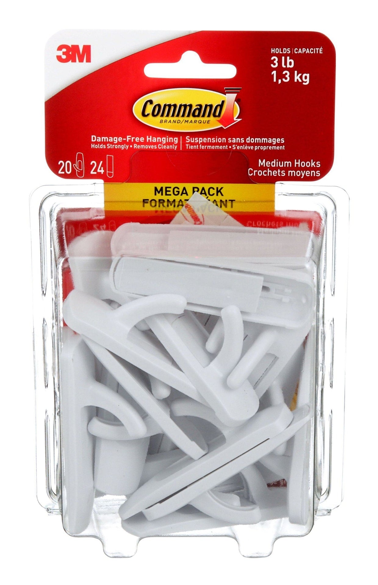 Medium Hooks Mega Pack with Adhesive Strips, White, 3-lbs, 20 Hooks/Pack R4O1 - product image 1