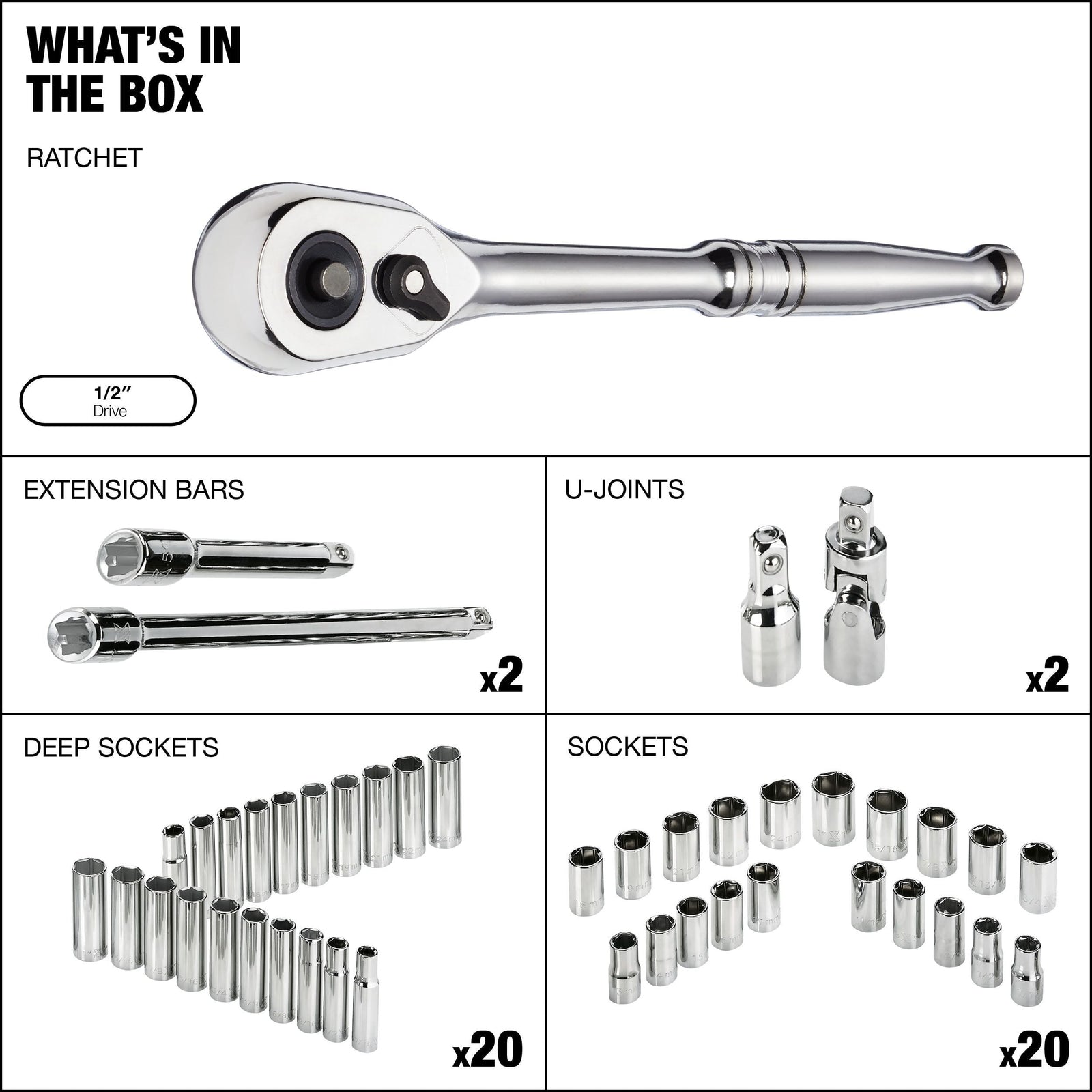 1/2-in Drive Professional Grade Socket Set, 45-pc, SAE/Metric, CRV, Nickel-Chrome Plating U5S9 - product image 2