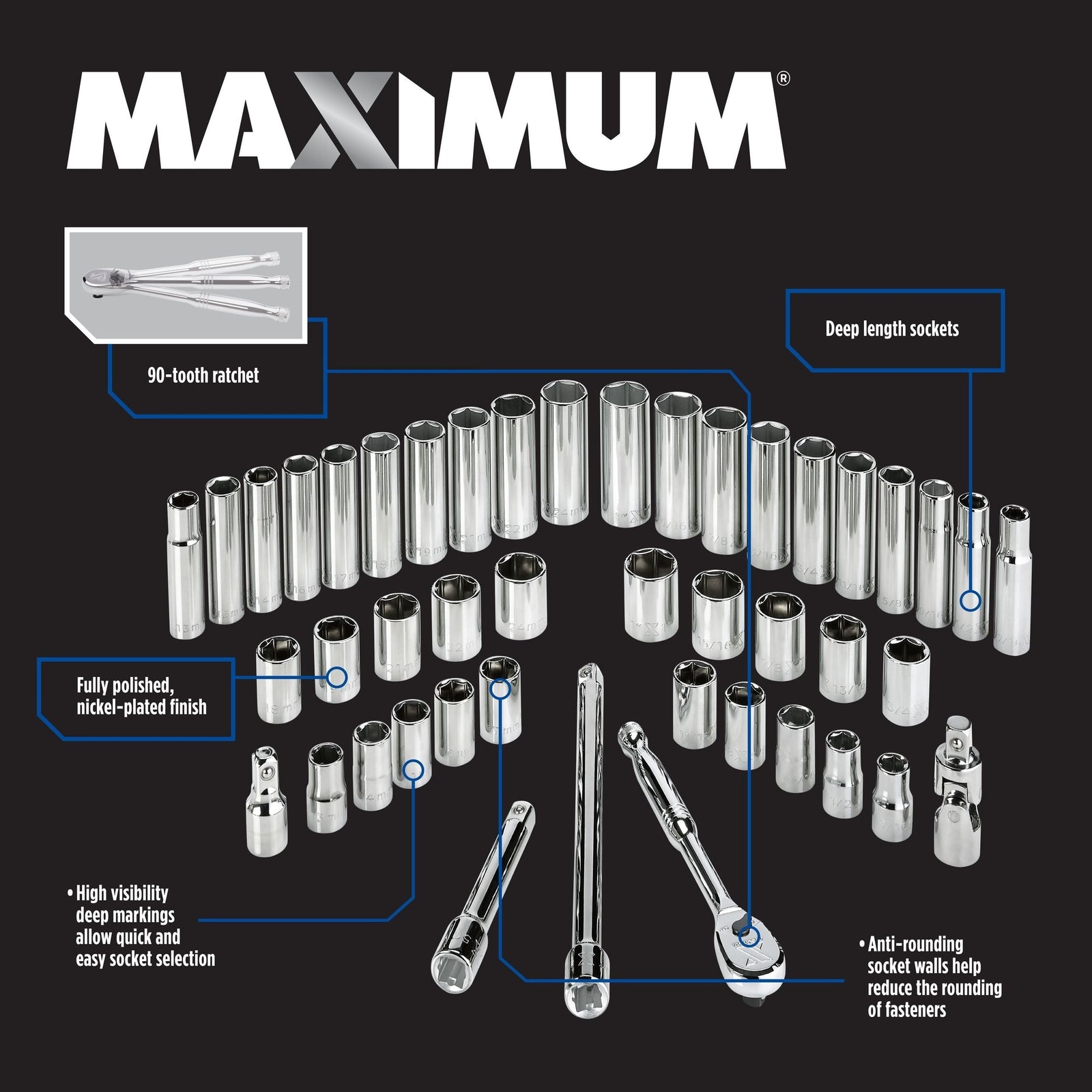 1/2-in Drive Professional Grade Socket Set, 45-pc, SAE/Metric, CRV, Nickel-Chrome Plating U5S9 - product image 3