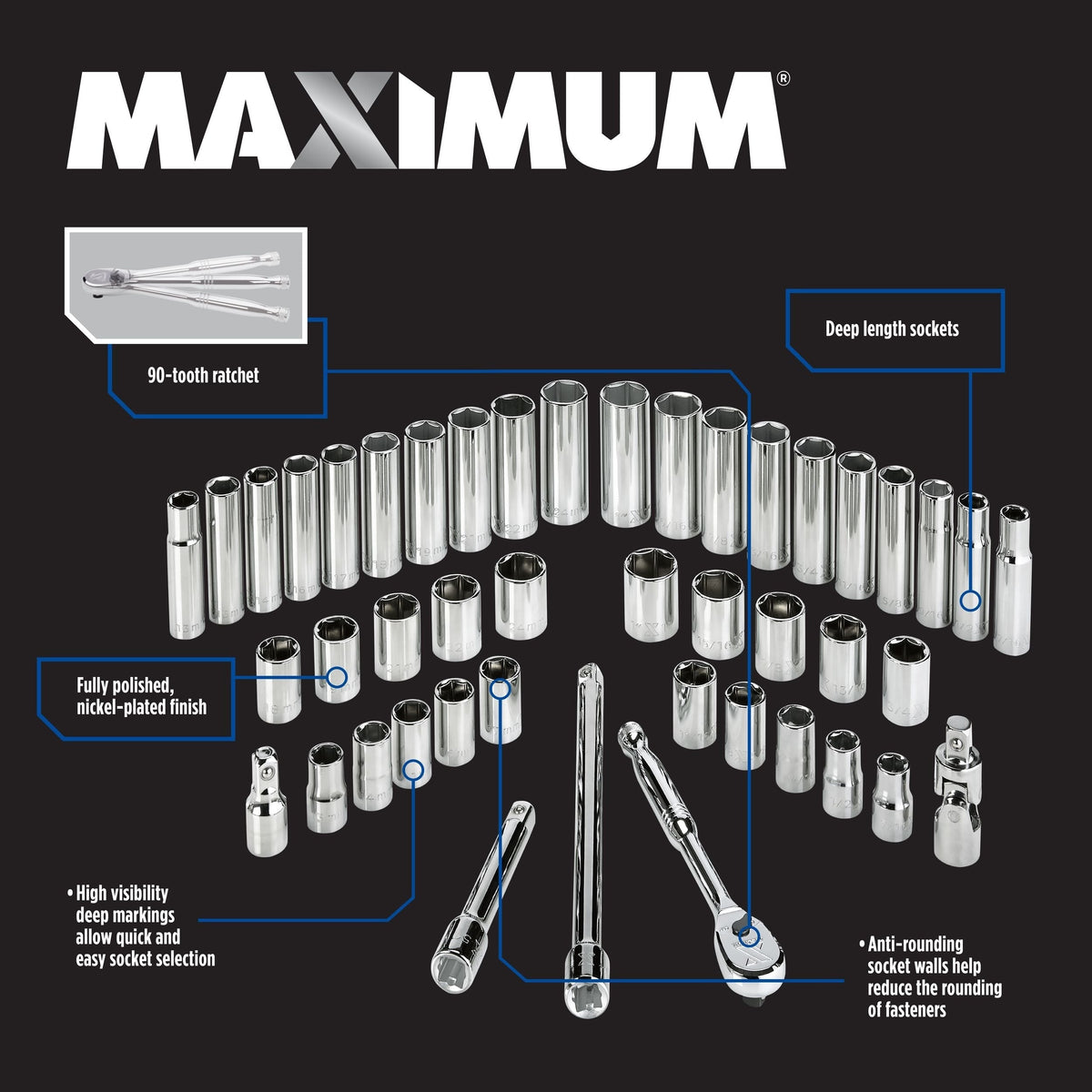 1/2-in Drive Professional Grade Socket Set, 45-pc, SAE/Metric, CRV, Nickel-Chrome Plating K7D2 - product image 3