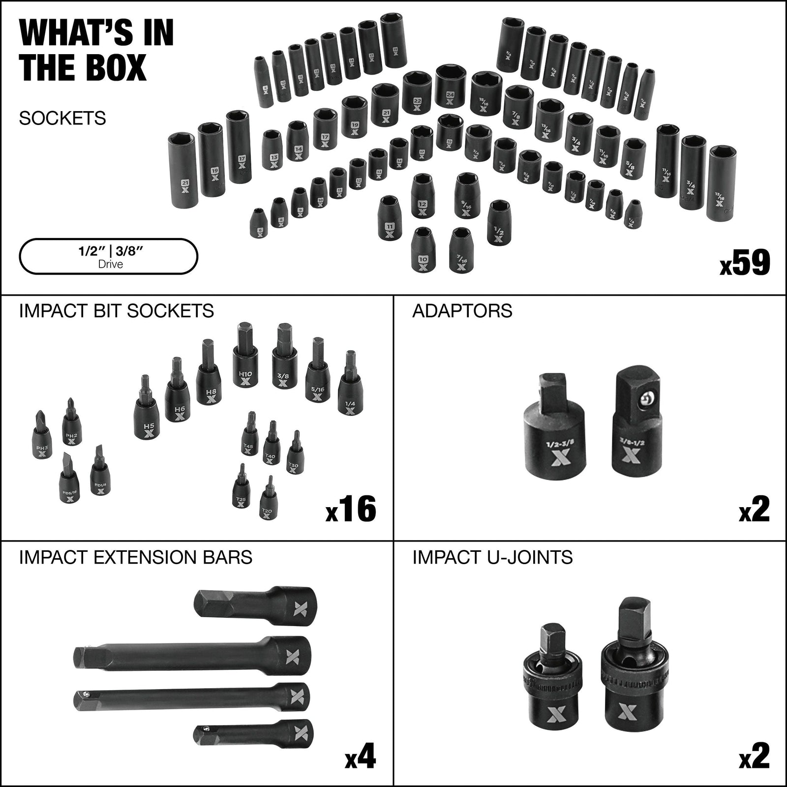 3/8-in & 1/2-in Drive Professional Grade Impact Socket Set, 83-pc, CRMO E1B0 - product image 4