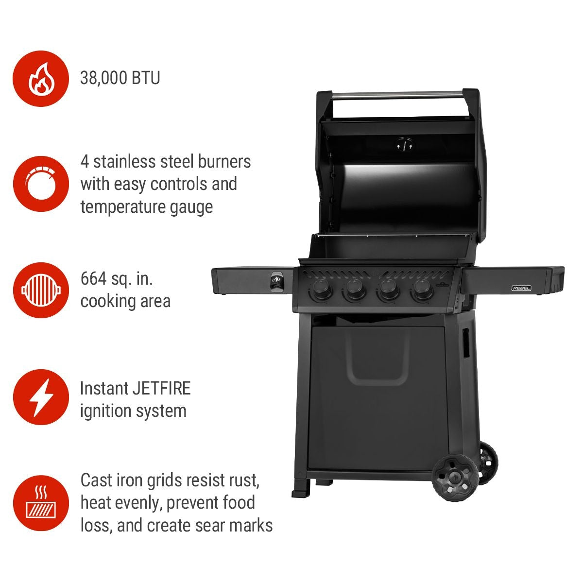 Rebel 425 4-Burner LP Gas BBQ, Matte Black H9U5 - product image 3