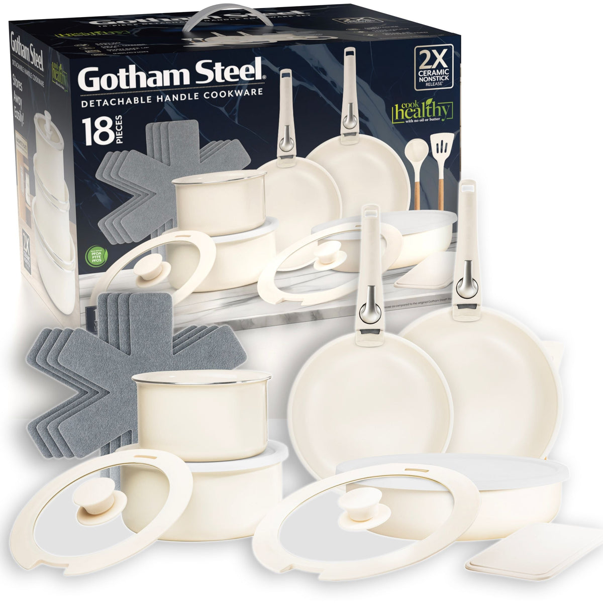 Gotham Steel Pots & Pan Set with Removable Handles, Cream, 18-pc F4V6 - product image 1