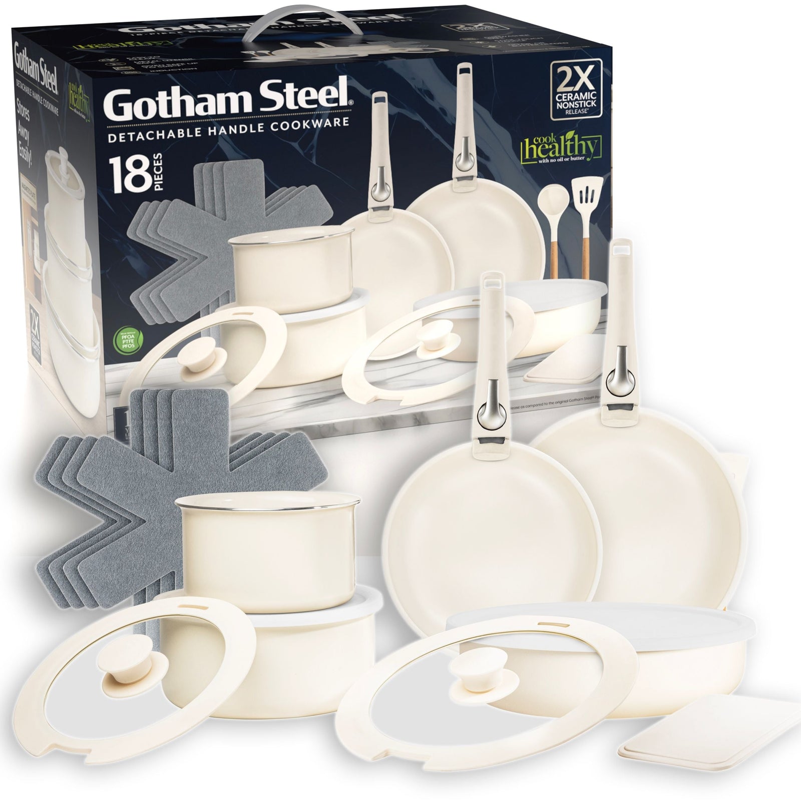 Gotham Steel Pots & Pan Set with Removable Handles, Cream, 18-pc O4L1 - product image 1