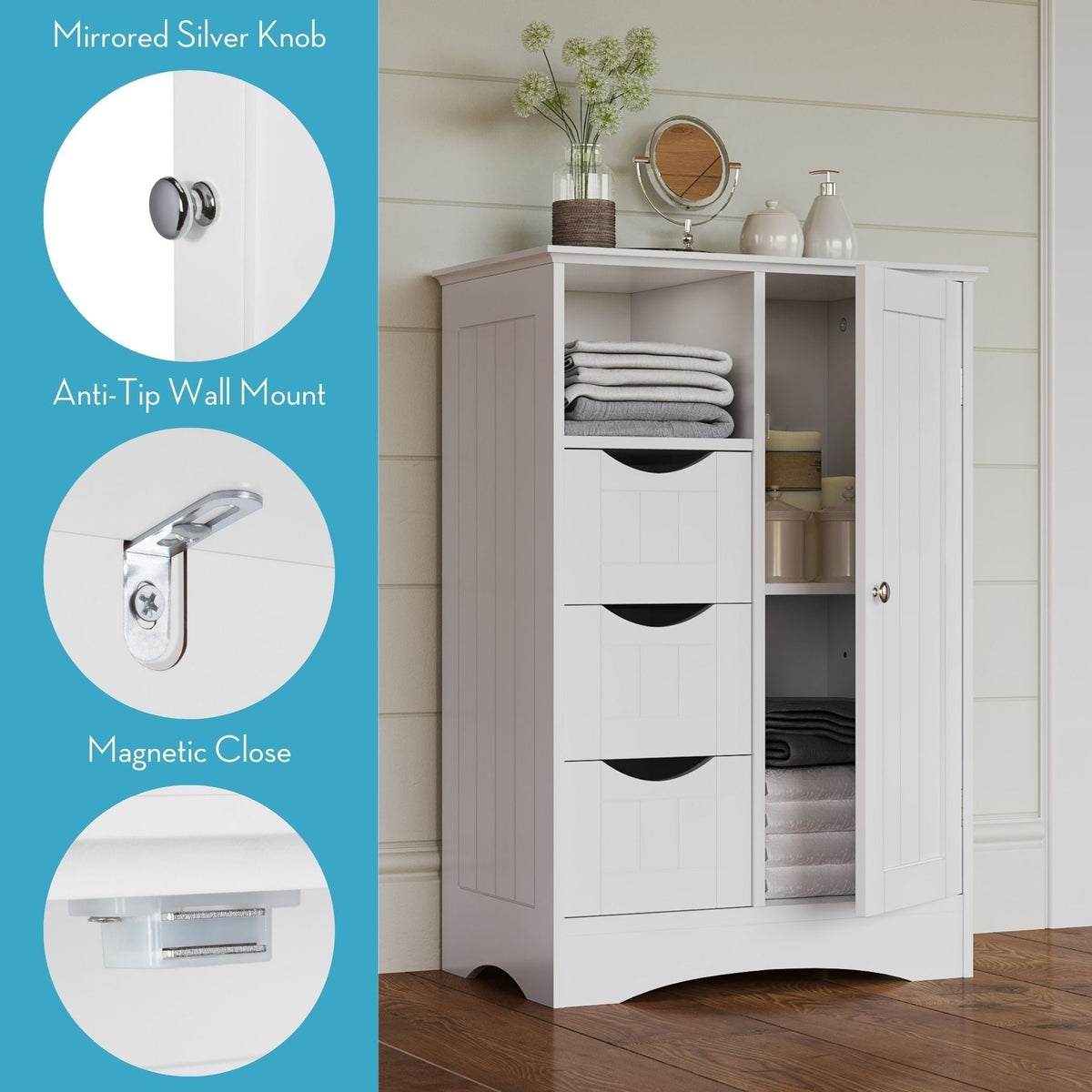 Home Ashland Single Door Bathroom & Laundry Storage Cabinet with 3 Drawers, Open Cubby & Adjustable Shelf, White Z1G5 - product image 4
