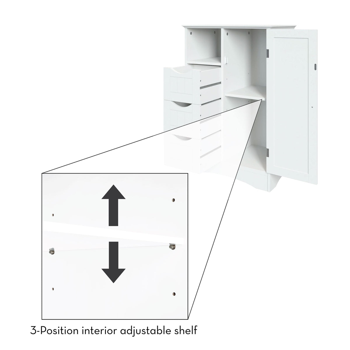 Home Ashland Single Door Bathroom & Laundry Storage Cabinet with 3 Drawers, Open Cubby & Adjustable Shelf, White Z1G5 - product image 5