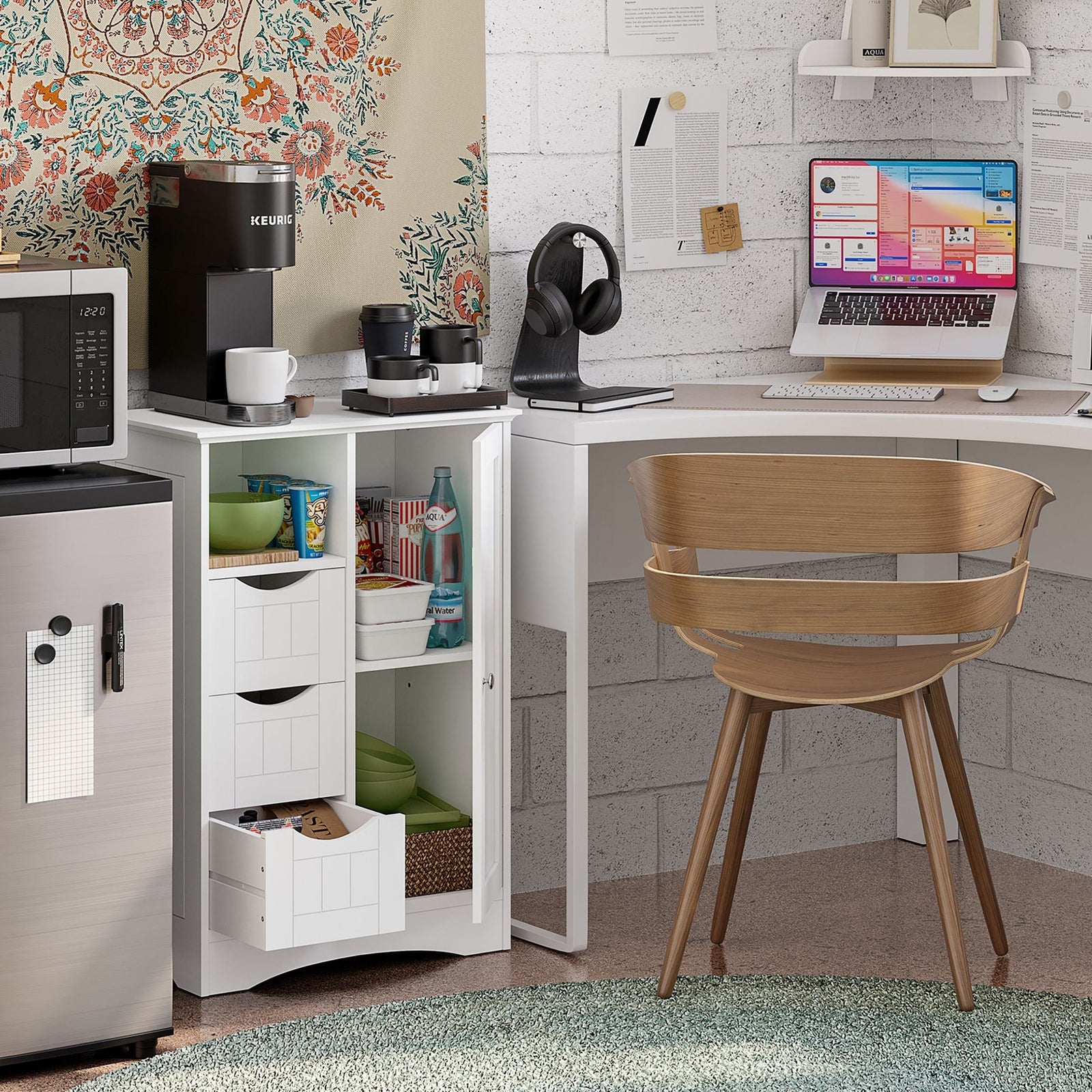 Home Ashland Single Door Bathroom & Laundry Storage Cabinet with 3 Drawers, Open Cubby & Adjustable Shelf, White Z1G5 - product image 8