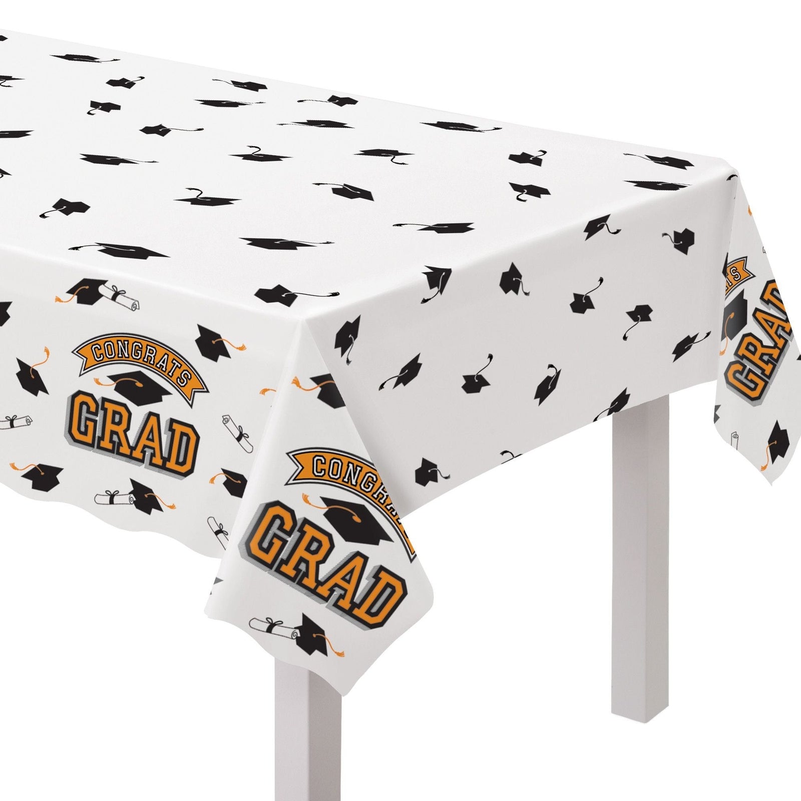 "Congrats Grad" Rectangle Plastic Reusable Table Cover, Orange, 54x84-in, for Graduation D1A2 - product image 1