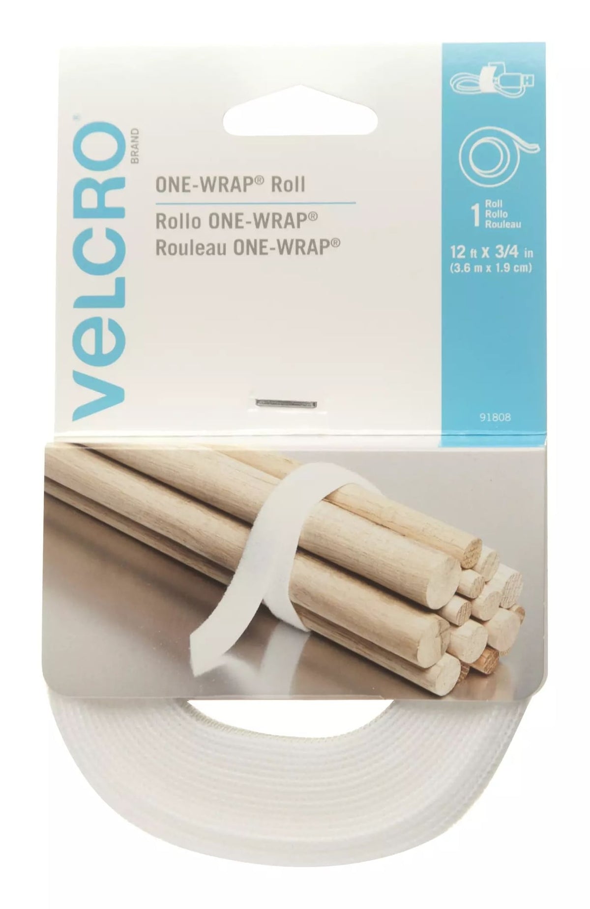 ONE-WRAP Adjustable Reusable Hook and Loop Strap, White Roll, 12-ft x 3/4-in, 1-pk F6I6 - product image 1
