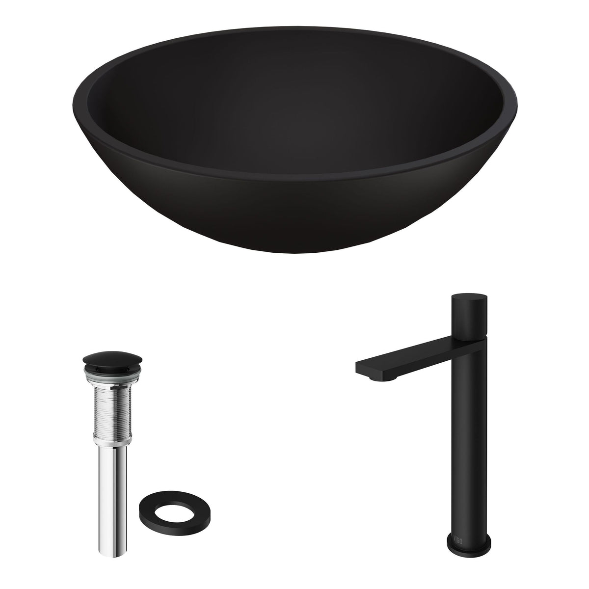Cavalli MatteShell Matte Black Bathroom Sink/Basin Set with Gotham Faucet and Round Glass Vessel L9R5 - product image 2