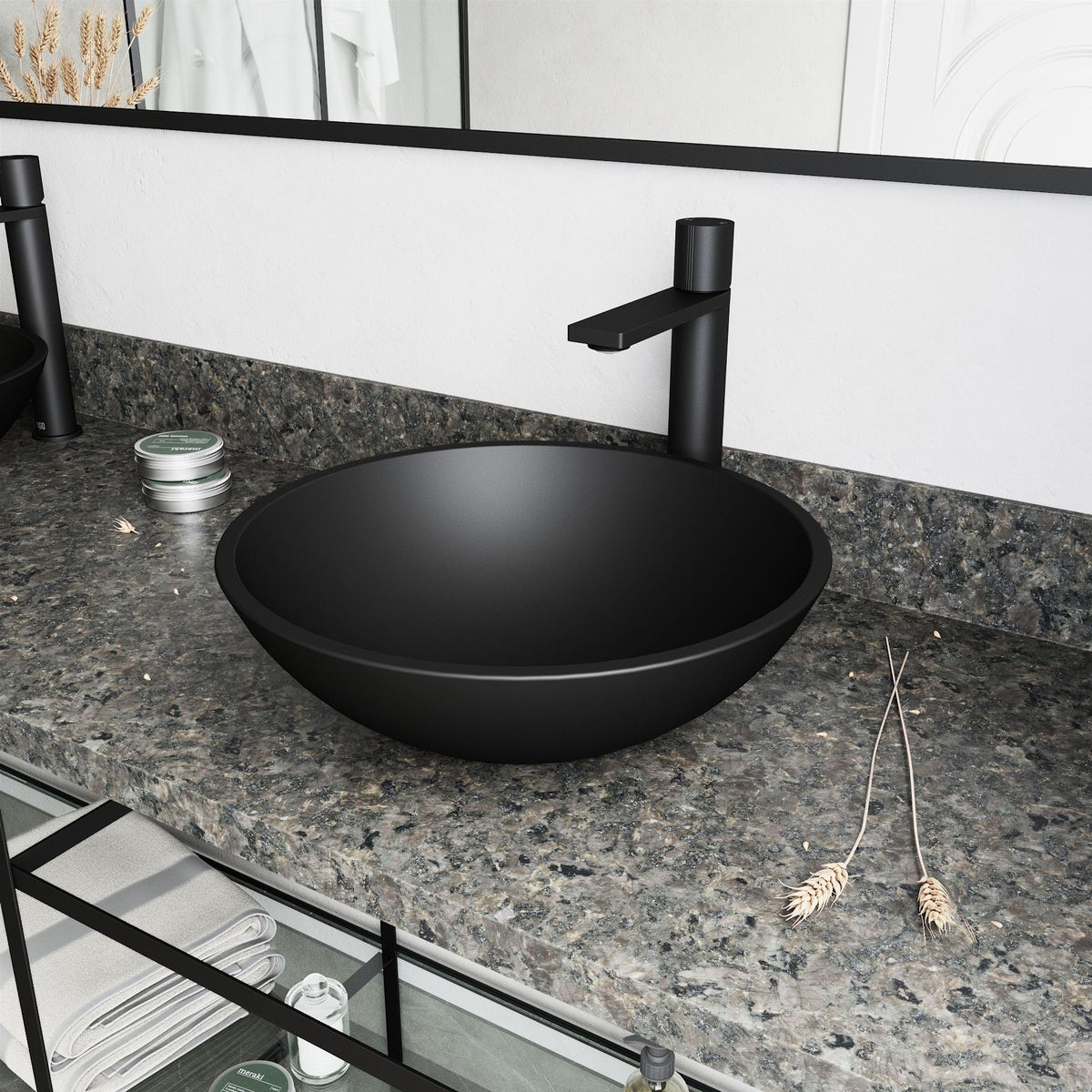 Cavalli MatteShell Matte Black Bathroom Sink/Basin Set with Gotham Faucet and Round Glass Vessel L9R5 - product image 8