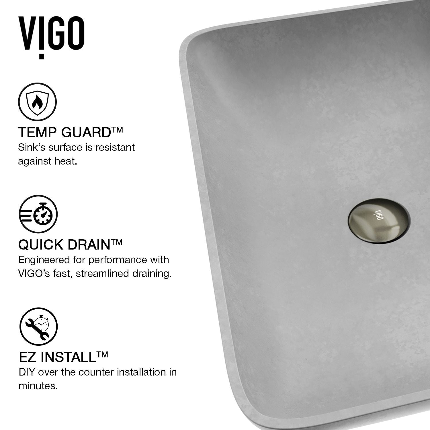 Lorca ConcretoStone Grey Bathroom Sink/Basin Set with Gotham Faucet and Rectangular Vessel E5P7 - product image 3