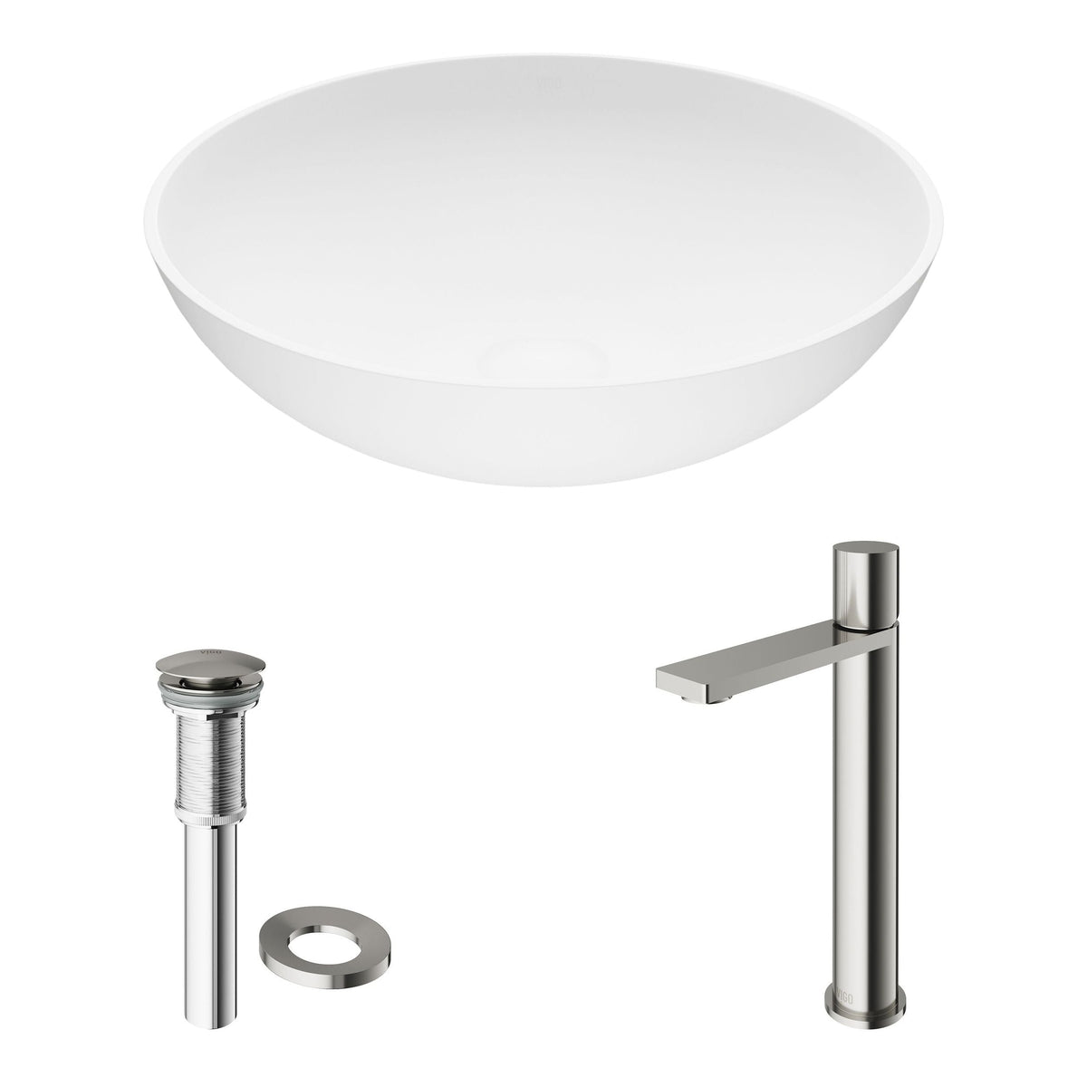 Lotus MatteStone White Bathroom Sink/Basin Set with Gotham Faucet and Round Composite Vessel J9O5 - product image 2
