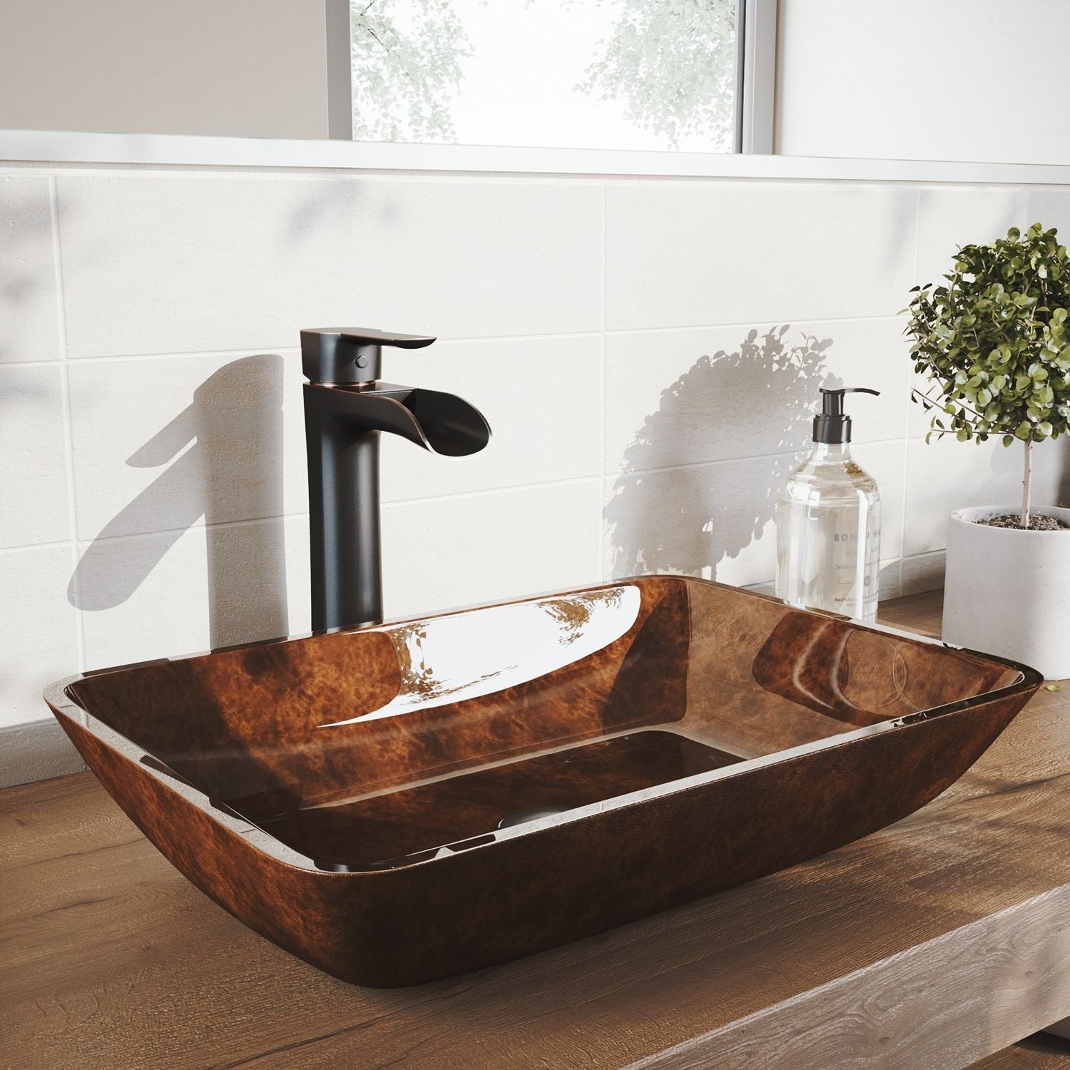 Russet Glass 18-in Red/Brown Bathroom Sink/Basin Set with Niko Faucet and Rectangular Vessel L8R5 - product image 7