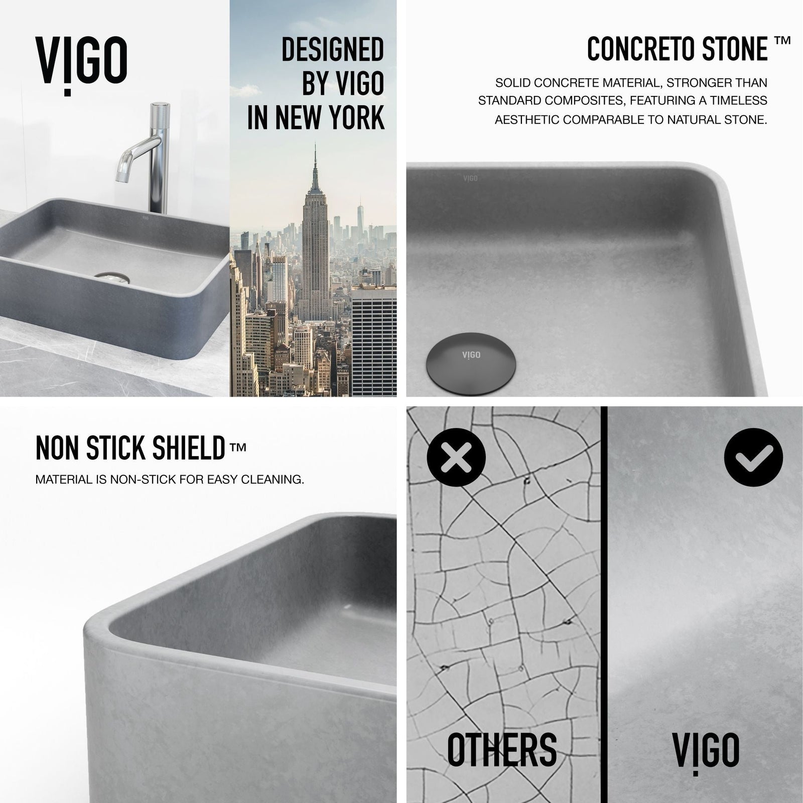 Segovia Gothic ConcretoStone Grey Bathroom Sink/Basin Set with Apollo Faucet and Rectangular Vessel H5G5 - product image 4