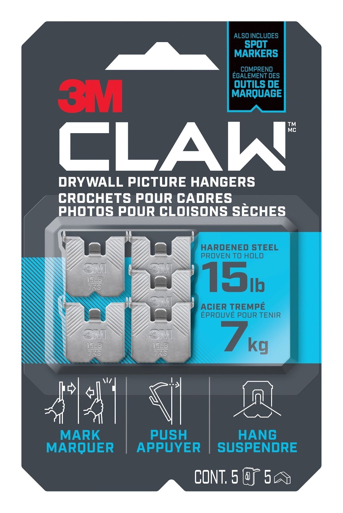 3M Claw DrywAll Picture Hanger, 15-lb Capacity, 5 Hangers per Pack D1U4 - product image 1