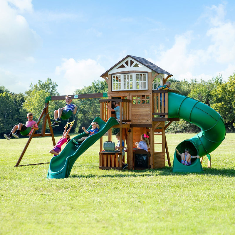 Discovery Kids' Bristol Point Cedar Wood Swing Set with Swing Beam, Upper & Lower Fort, Rock Wall & Slide Play for up to 11 Kids K6R2