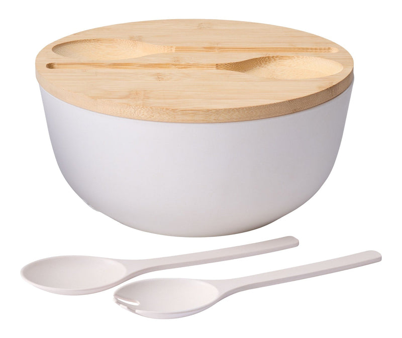 Bamboo Salad Bowl Set with Lid & Servers, White A3P7