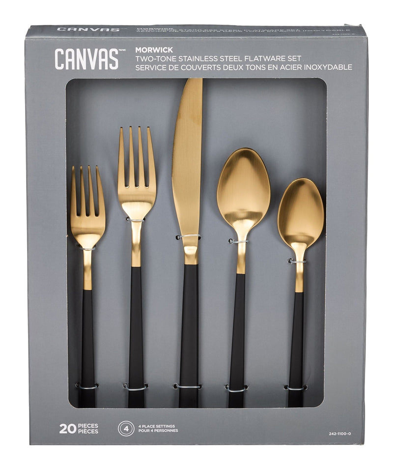 Flatware Set, Serves 4, 20-pc, Black & Gold N0E4