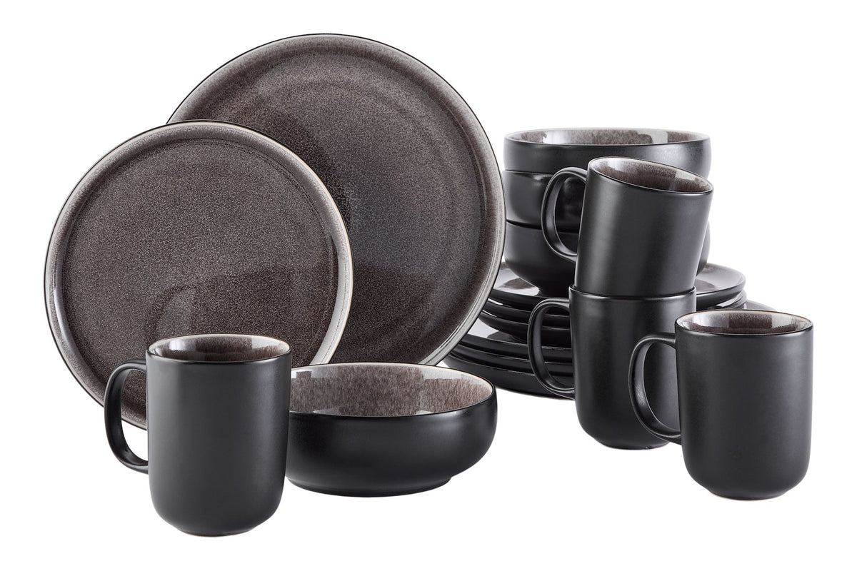Kenway Stoneware Dinnerware Set, Serves 4, 16-pc, Matte Black & Taupe Reactive Glaze N9R7 - product image 1