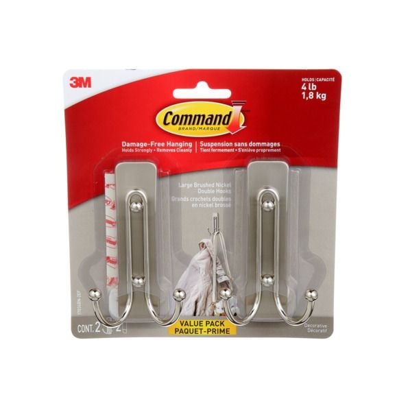 Large Decorative Double Hooks Value Pack with Adhesive Strips, Brushed Nickel, 4-lbs, 2 Strips per Pack P5N6 - product image 1