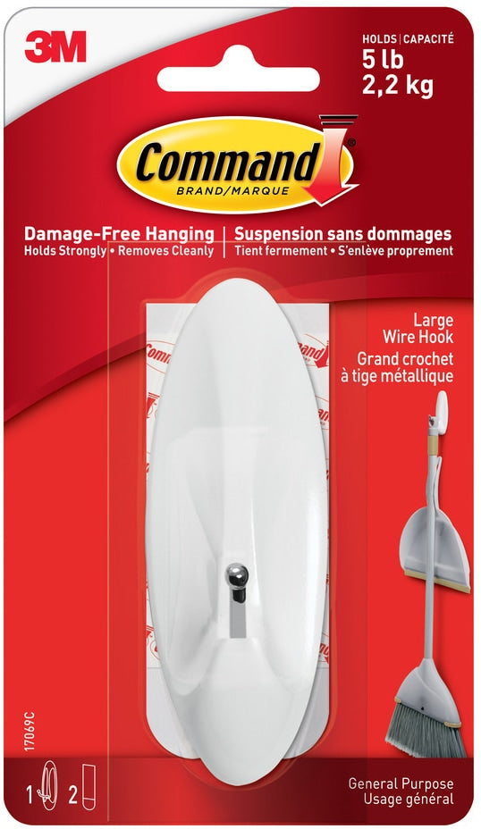 Large Wire Hook with Adhesive Strips, White, 5-lbs, 1 Strip per Pack W3D7
