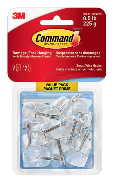 Small Wire Hooks Value Pack with Adhesive Strips, Clear, 0.5-lbs, 9 Strips per Pack B9V8