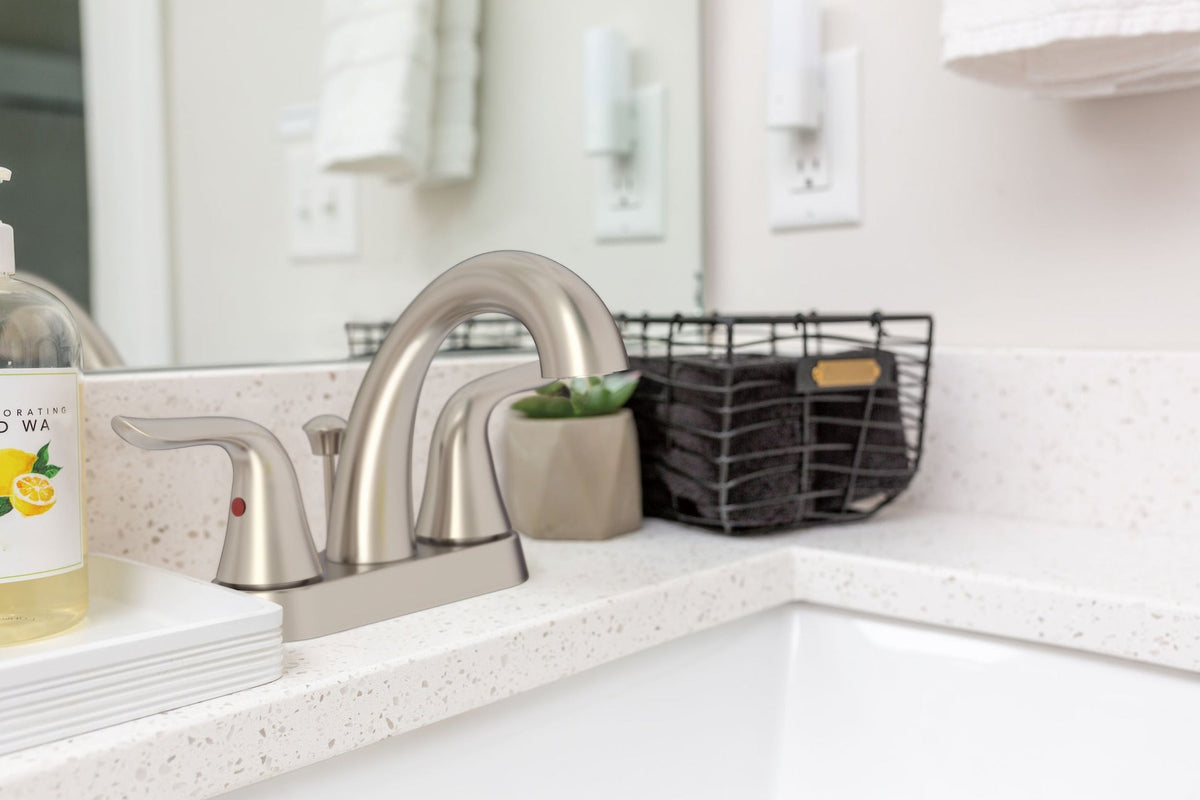 Plymouth Double Handle 4-in Centreset Bathroom Sink Faucet with Pop-Up Drain, Brushed Nickel K8U8 - product image 3