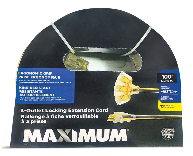 100-ft 12/3 Outdoor Extension Cord with 3 Grounded Outlets, Lighted End and Locking Connector, Yellow/Black U7Q9