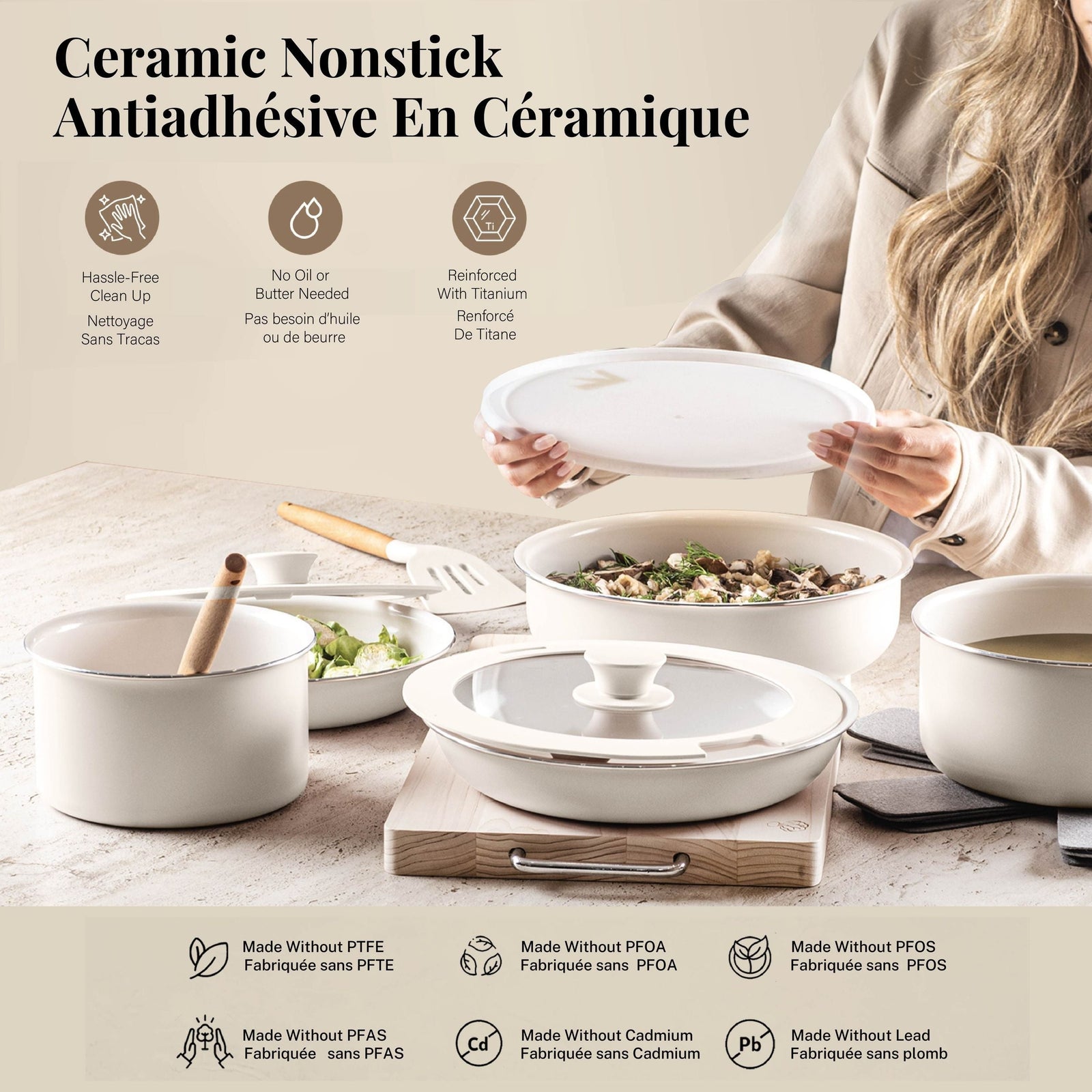 Gotham Steel Pots & Pan Set with Removable Handles, Cream, 18-pc F4V6 - product image 6