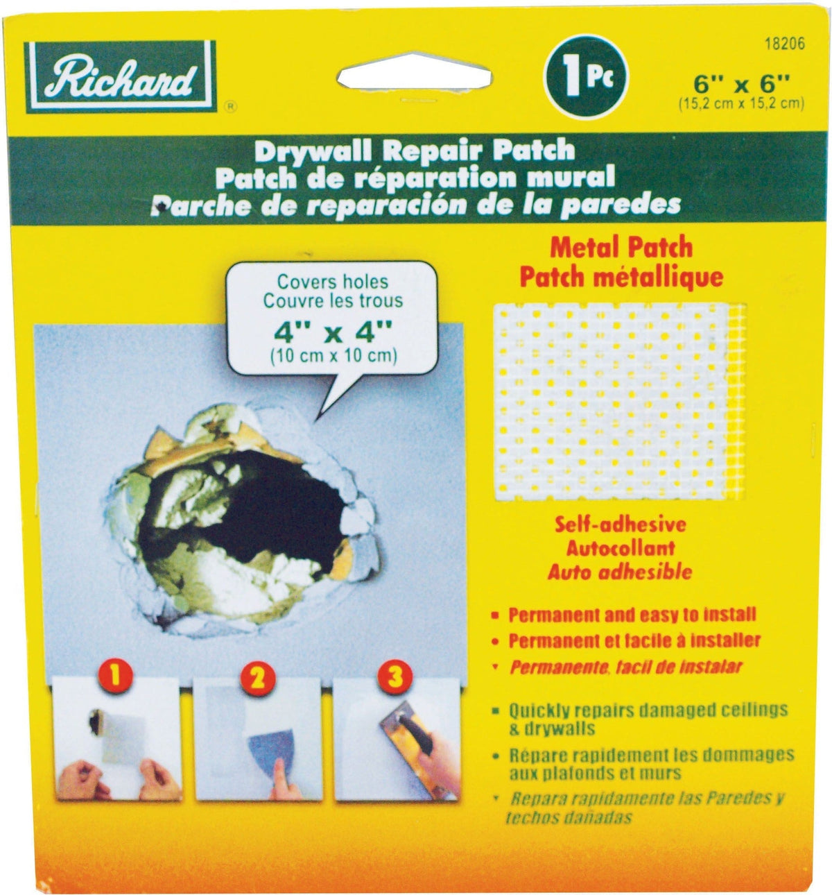 Self-Adhesive Metal-Reinforced Drywall & Ceiling Hole Repair Patch, 6 x 6-in V9X8 - product image 1