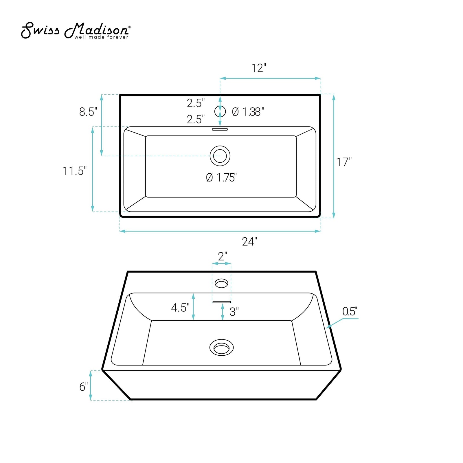 Claire Rectangle Wall-Mount Bathroom Sink, 24-in O7Q3 - product image 7