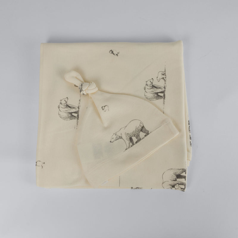The Elk Baby Polar Bear Print Premium Organic Cotton Blanket and Beanie Set W2I3