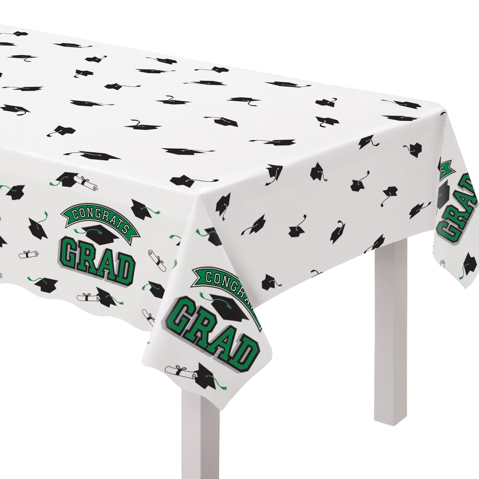 "Congrats Grad" Rectangle Plastic Reusable Table Cover, Green, 54x84-in, for Graduation K1M9 - product image 1