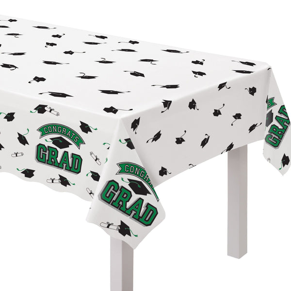 "Congrats Grad" Rectangle Plastic Reusable Table Cover, Green, 54x84-in, for Graduation K1M9