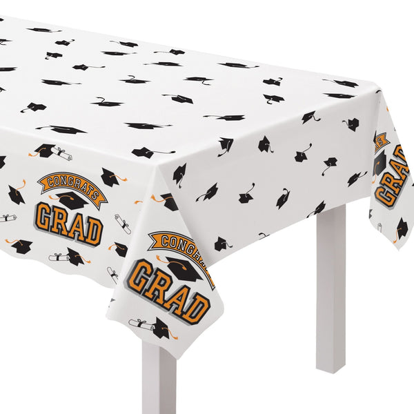 "Congrats Grad" Rectangle Plastic Reusable Table Cover, Orange, 54x84-in, for Graduation V7X0