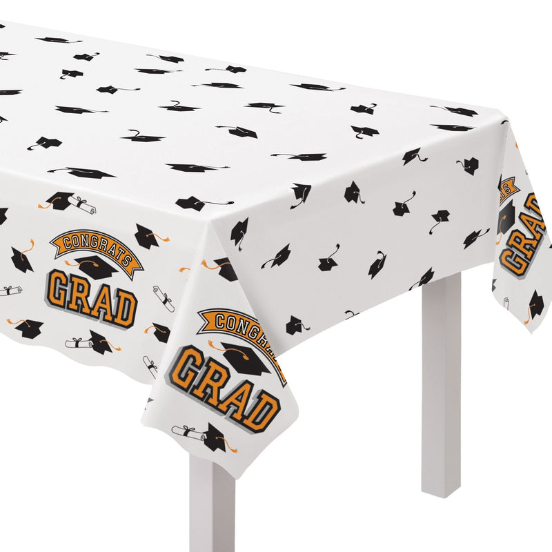 "Congrats Grad" Rectangle Plastic Reusable Table Cover, Orange, 54x84-in, for Graduation V7X0