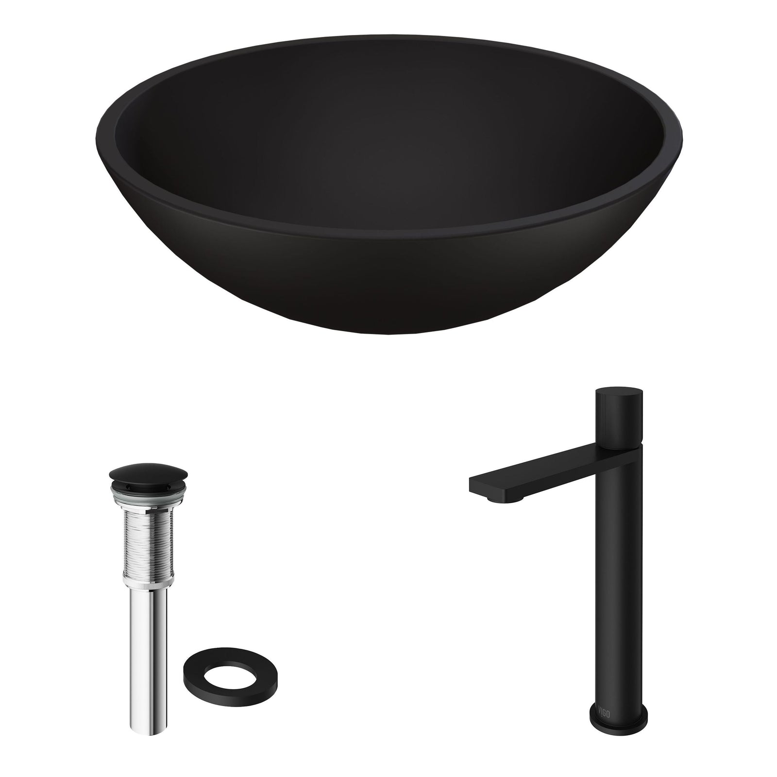 Cavalli MatteShell Matte Black Bathroom Sink/Basin Set with Gotham Faucet and Round Glass Vessel L9R5 - product image 2