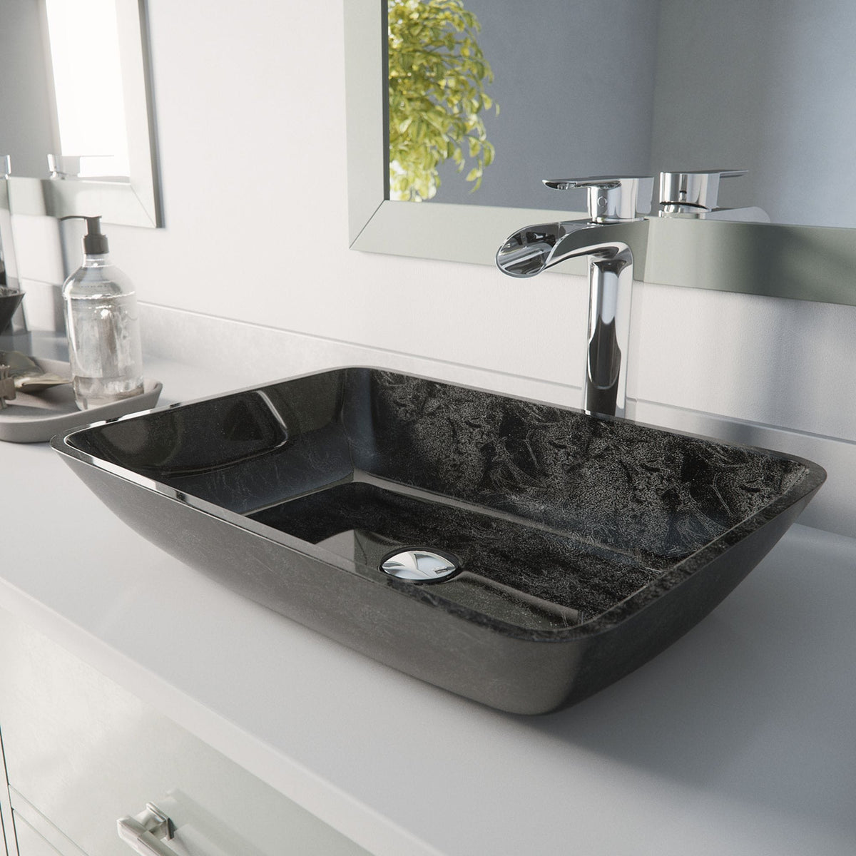 Glass Grey Onyx Bathroom Sink/Basin Set with Niko Faucet and Rectangular Vessel E5R9 - product image 8