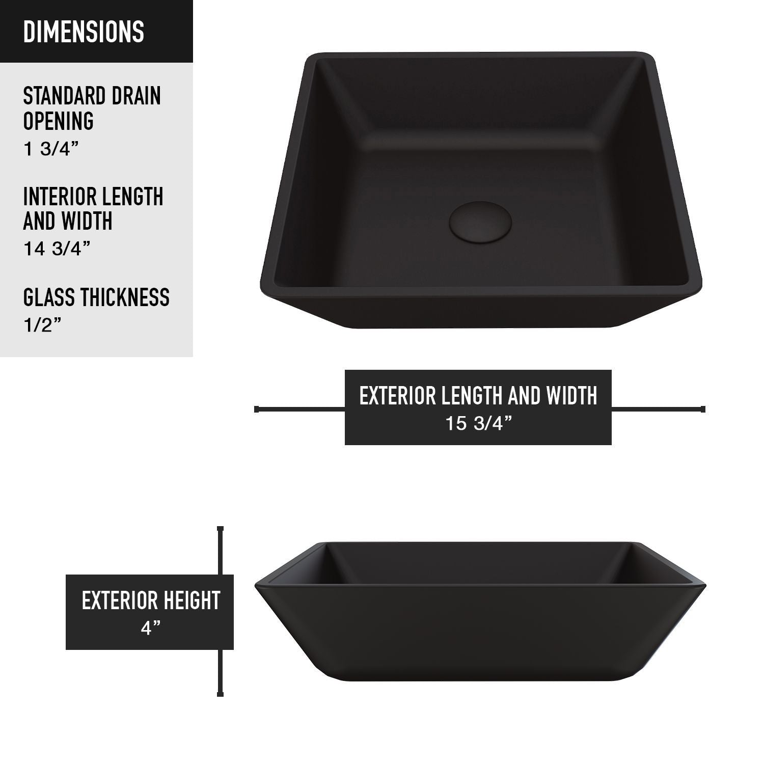 Roma Glass Square Vessel Bathroom Sink/Basin with Rounded Edges & Deep Bowl, Black X8U6 - product image 4