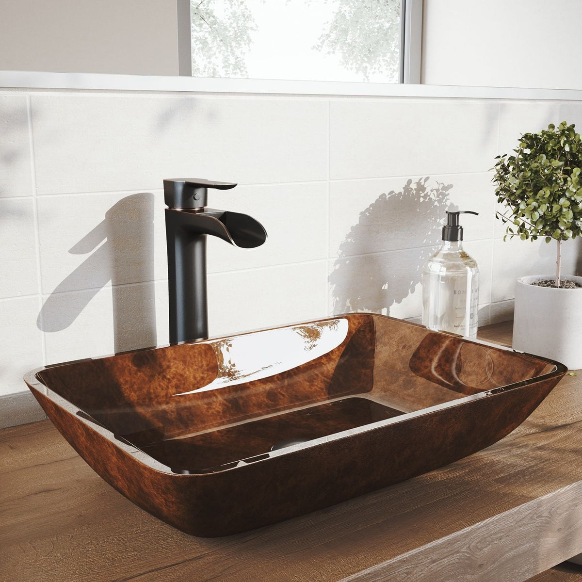 Russet Glass 18-in Red/Brown Bathroom Sink/Basin Set with Niko Faucet and Rectangular Vessel L8R5 - product image 7